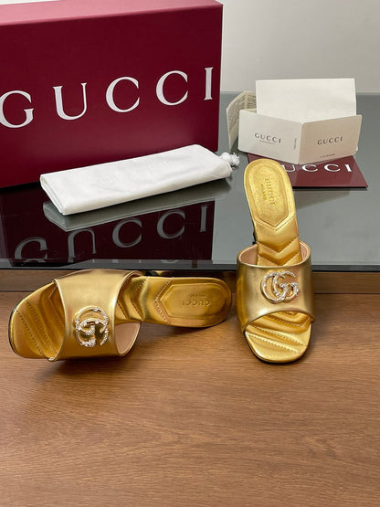 GG Canvas Mid-Heel Mules 7.5cm Gold Sheepskin 646476