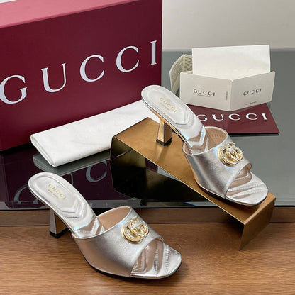 GG Canvas Mid-Heel Mules 7.5cm Sliver Sheepskin 646477