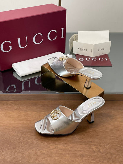 GG Canvas Mid-Heel Mules 7.5cm Sliver Sheepskin 646477