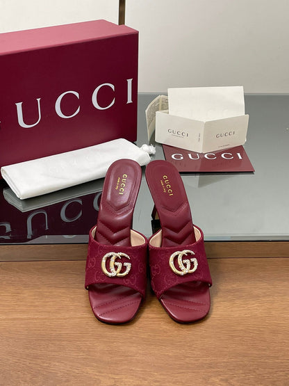 GG Canvas Mid-Heel Mules 7.5cm Burgundy Canvas Sheepskin 646483