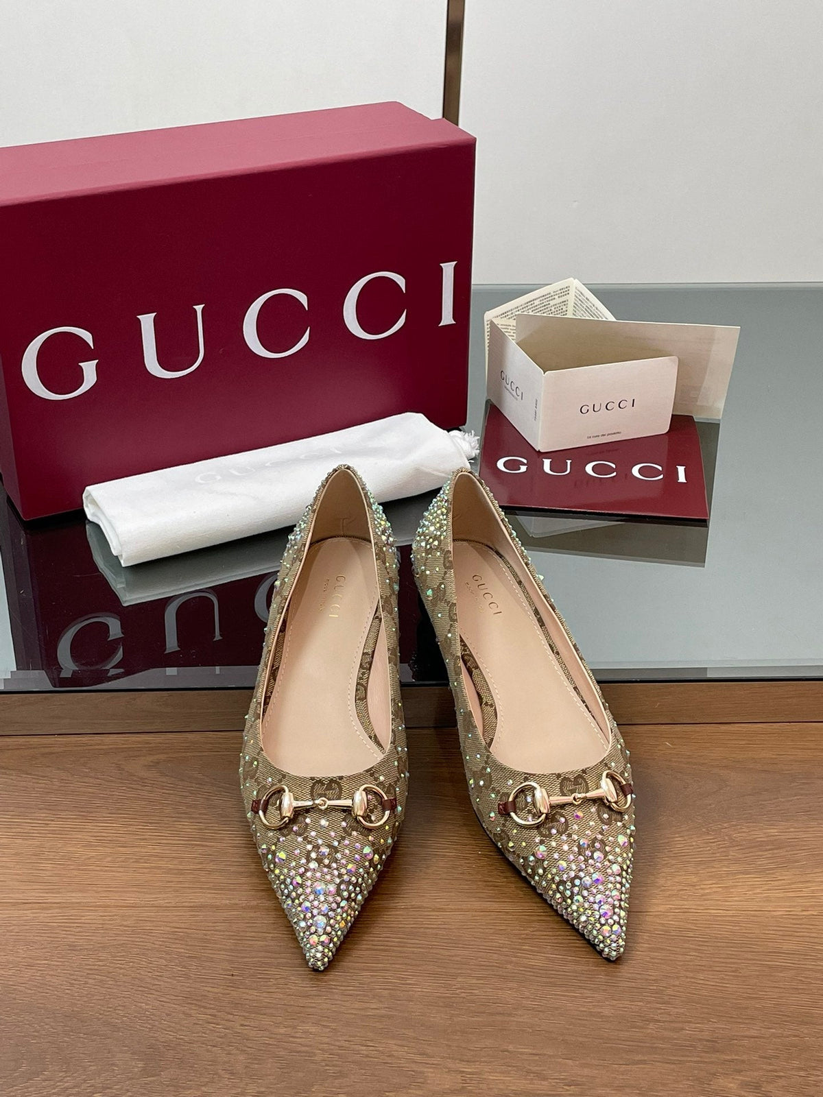 GG Horsebit Ballet Flat Beige Ebony Monogram Canvas Crystal-Embellished