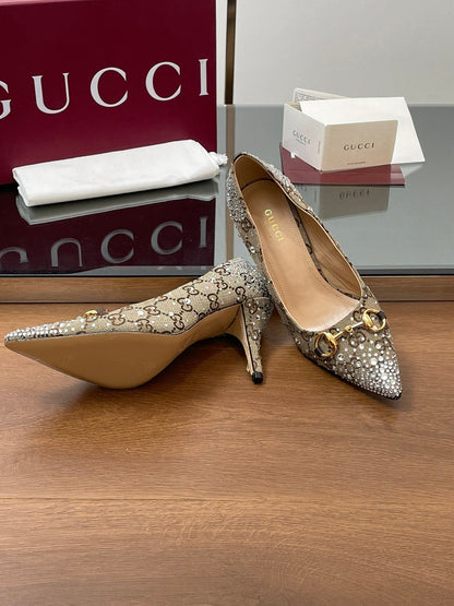 GG Horsebit Pump 85 Beige Ebony Monogram Canvas Crystal-Embellished