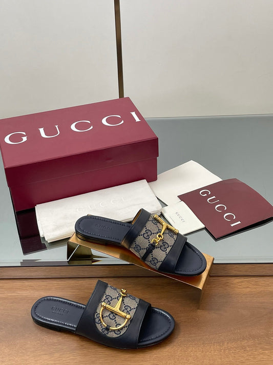GG D-Shaped Sandals Navy Blue Sheepskin Canvas 646459