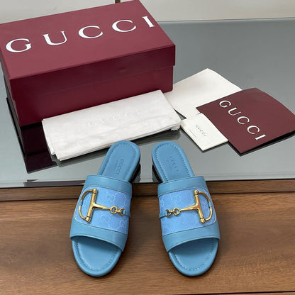 GG D-Shaped Sandals Blue Sheepskin Canvas 646460