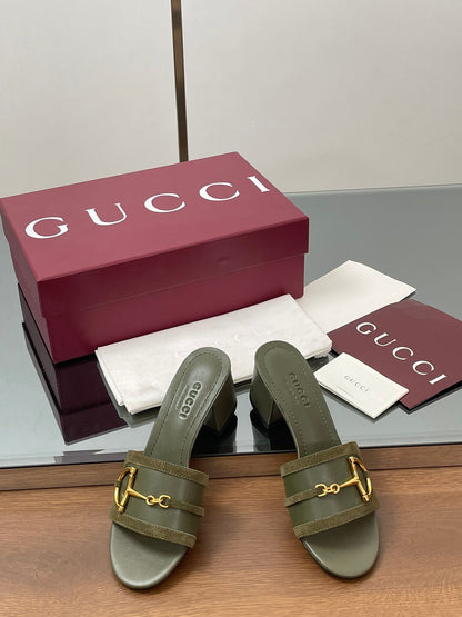 GG D-Shaped Sandals 5.5cm Olive Green Suede Sheepskin 646472