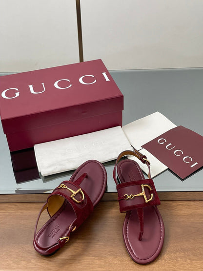 GG Horsebit Thong Flat Sandals Burgundy Sheepskin Suede 646471