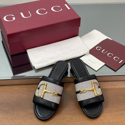 GG D-Shaped Sandals Black White Sheepskin Canvas 646464
