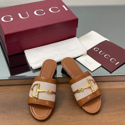 GG D-Shaped Sandals Brown White Sheepskin Canvas 646465