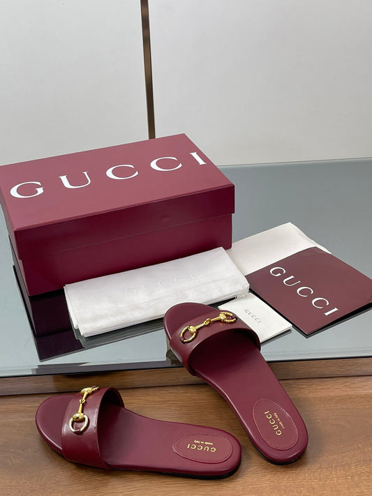 GG Horsebit Slide Sandals Burgundy Sheepskin 646547