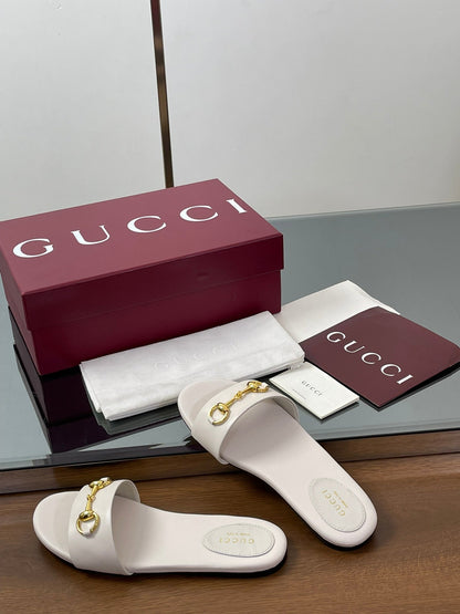 GG Horsebit Slide Sandals White Sheepskin 646548