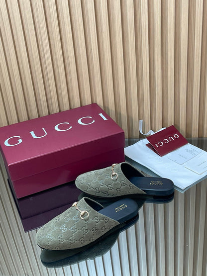 Gucci 25 Horsebit Olive Green Mule GG Suede 563080