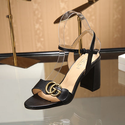 GG Marmont Ankle Strap Sandal 8cm Black Sheepskin 342564