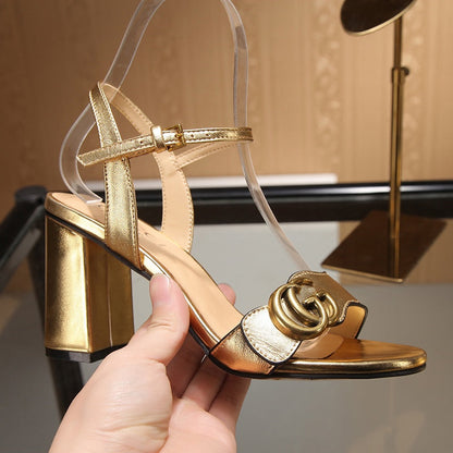 GG Marmont Ankle Strap Sandal 8cm Gold Sheepskin 342566
