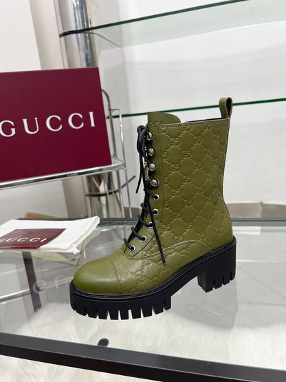 GG Platform Combat Boots Olive Green Logo Embossed Cowhide 476790