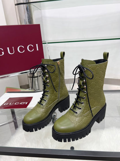 GG Platform Combat Boots Olive Green Logo Embossed Cowhide 476790
