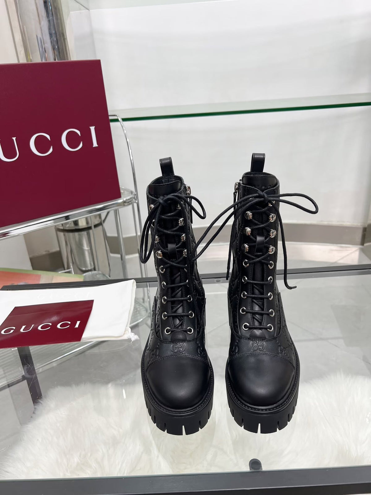 GG Platform Combat Boots Black Logo Embossed Cowhide 476791