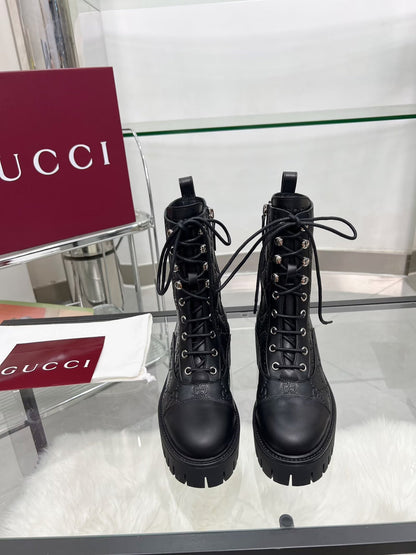 GG Platform Combat Boots Black Logo Embossed Cowhide 476791