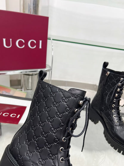GG Platform Combat Boots Black Logo Embossed Cowhide 476791