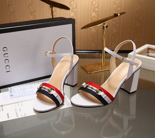 GG 26s Horsebit Sandals 8cm White Leather Canvas 926697
