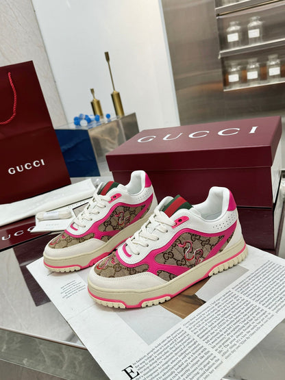 GG Re-Web Sneakers Pink Brown White Suede Cowhide Fabric 564717