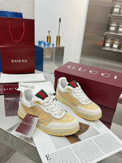 GG Re-Web Sneakers Light Yellow White Suede Cowhide Fabric 564718