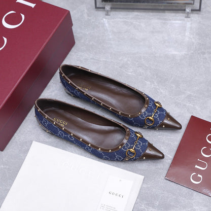 GG Savoy Ballerina Blue Brown Denim Leather 864282
