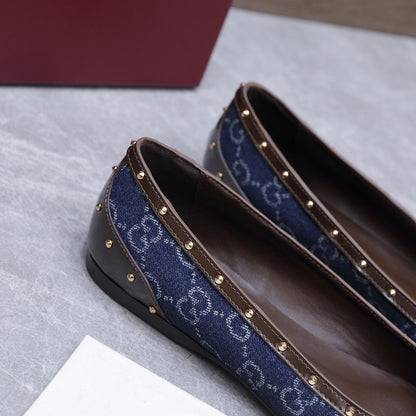 GG Savoy Ballerina Blue Brown Denim Leather 864282