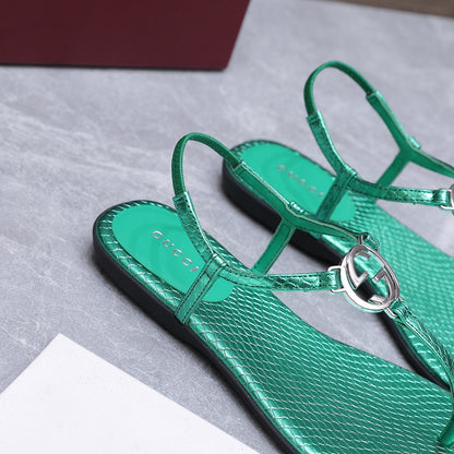 GG Thong Sandal With Interlocking G Teal Green Snakeskin 864292