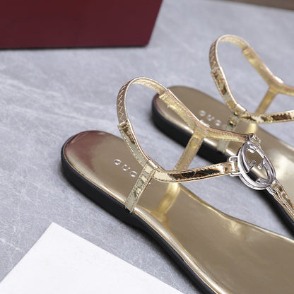GG Thong Sandal With Interlocking G Gold Sheepskin 864295