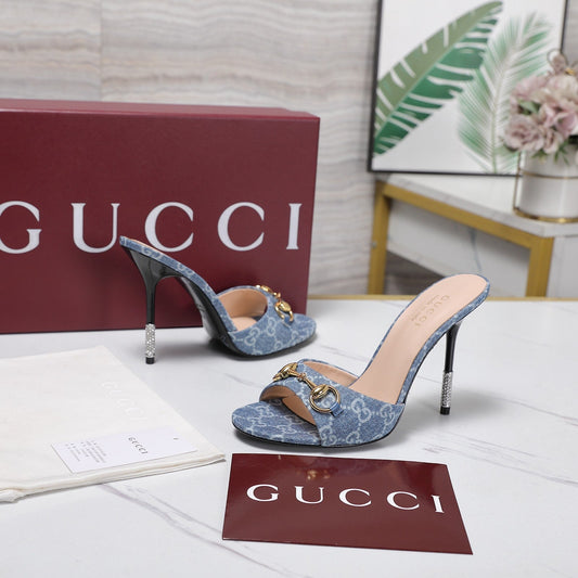 GG 26s Mules Crystal-Embellished Stiletto Heels Blue Canvas 961232