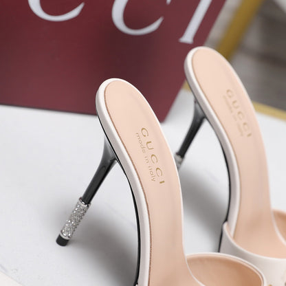GG 26s Mules Crystal-Embellished Stiletto Heels White Calfskin 961234