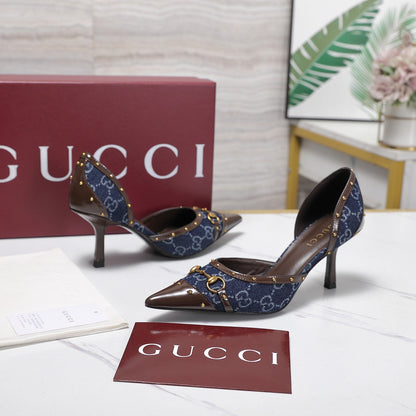 GG 26s Savoy Pumps Brown Blue Lambskin Canvas 961240
