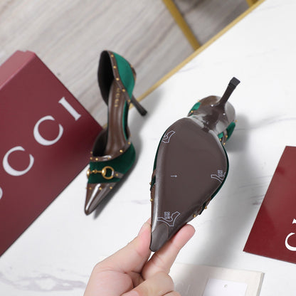 GG 26s Savoy Pumps Brown Green Lambskin Velvet 961242