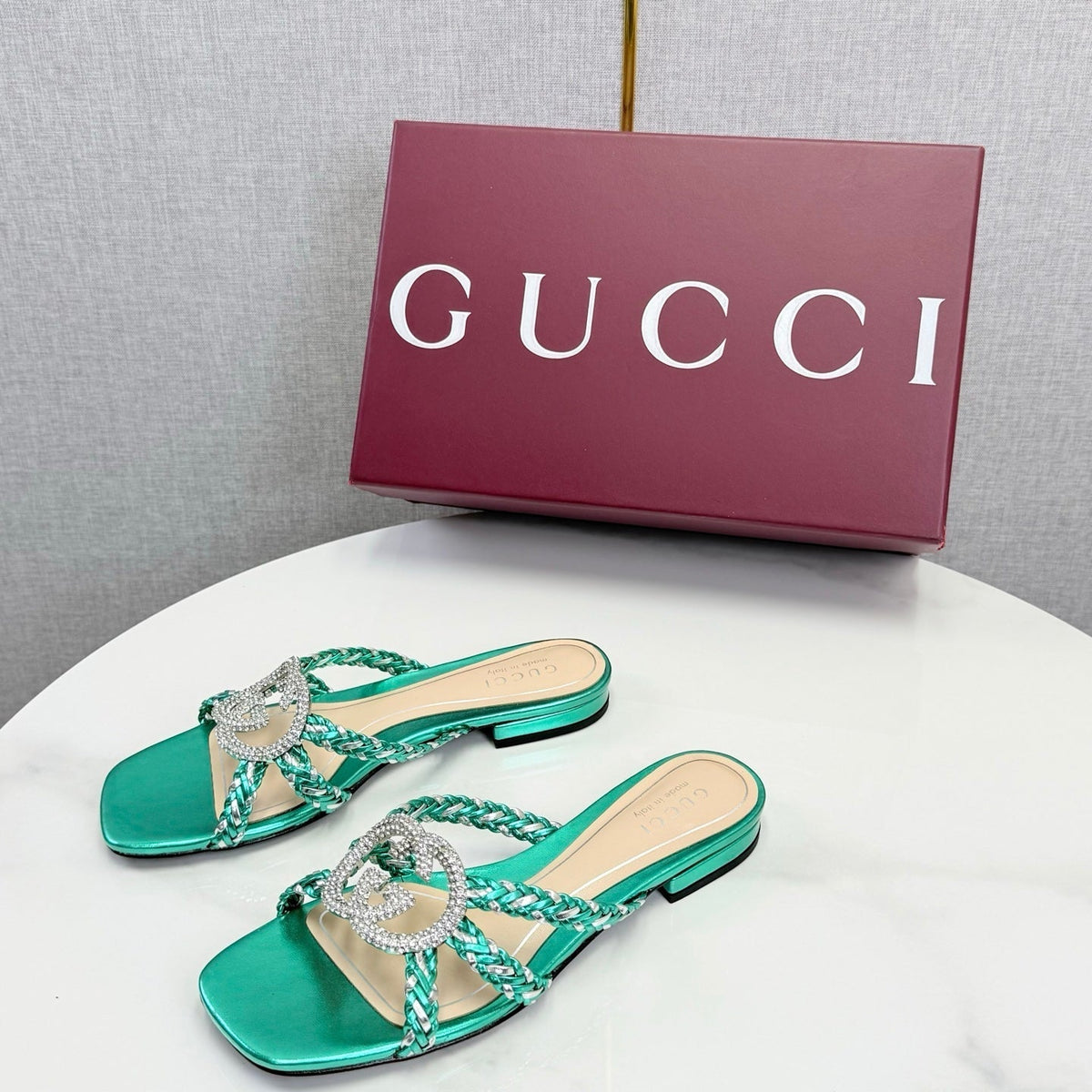 GG 26s Slippers With Crystal Interlocking G Teal Green Leather 639931