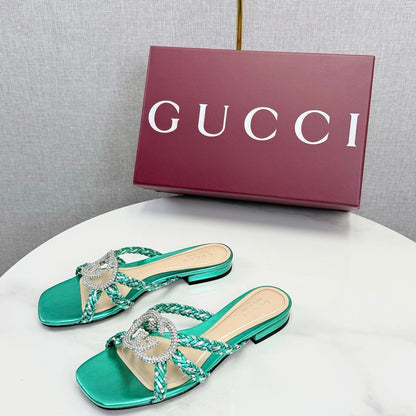 GG 26s Slippers With Crystal Interlocking G Teal Green Leather 639931