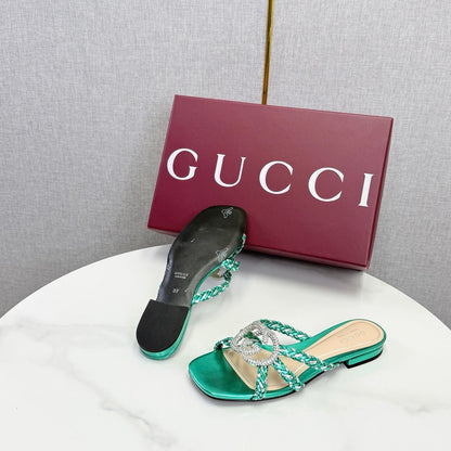 GG 26s Slippers With Crystal Interlocking G Teal Green Leather 639931