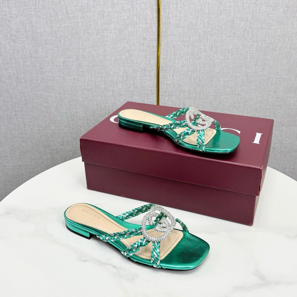 GG 26s Slippers With Crystal Interlocking G Teal Green Leather 639931