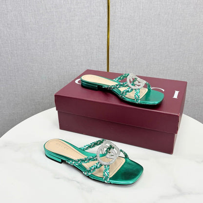 GG 26s Slippers With Crystal Interlocking G Teal Green Leather 639931