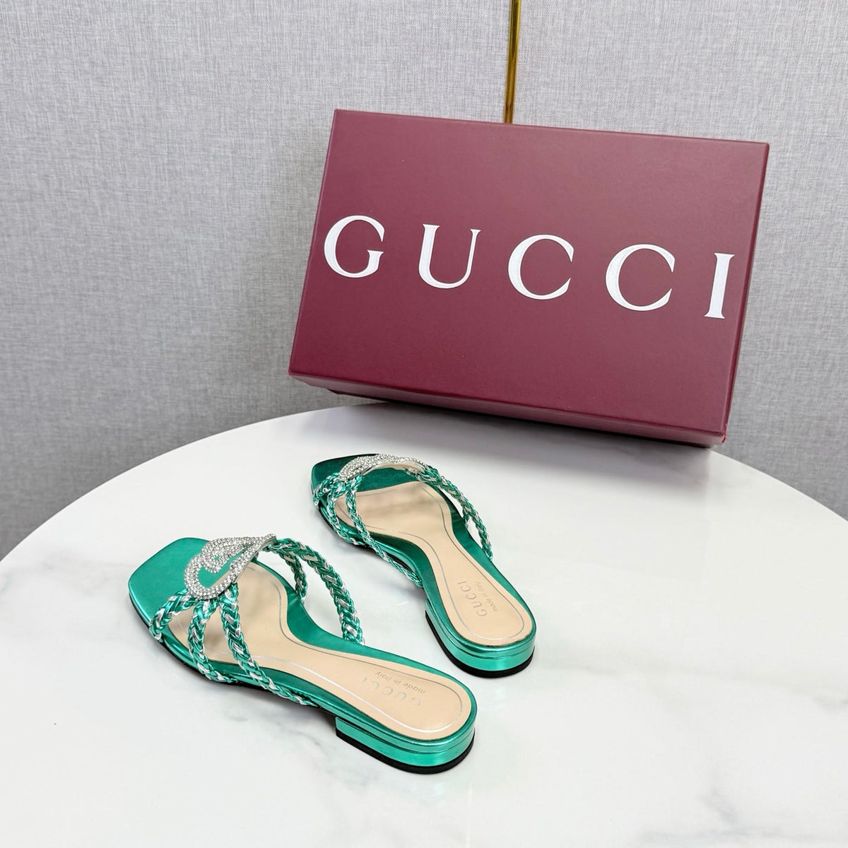 GG 26s Slippers With Crystal Interlocking G Teal Green Leather 639931