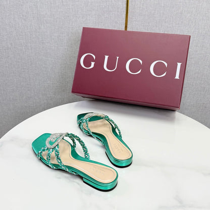 GG 26s Slippers With Crystal Interlocking G Teal Green Leather 639931