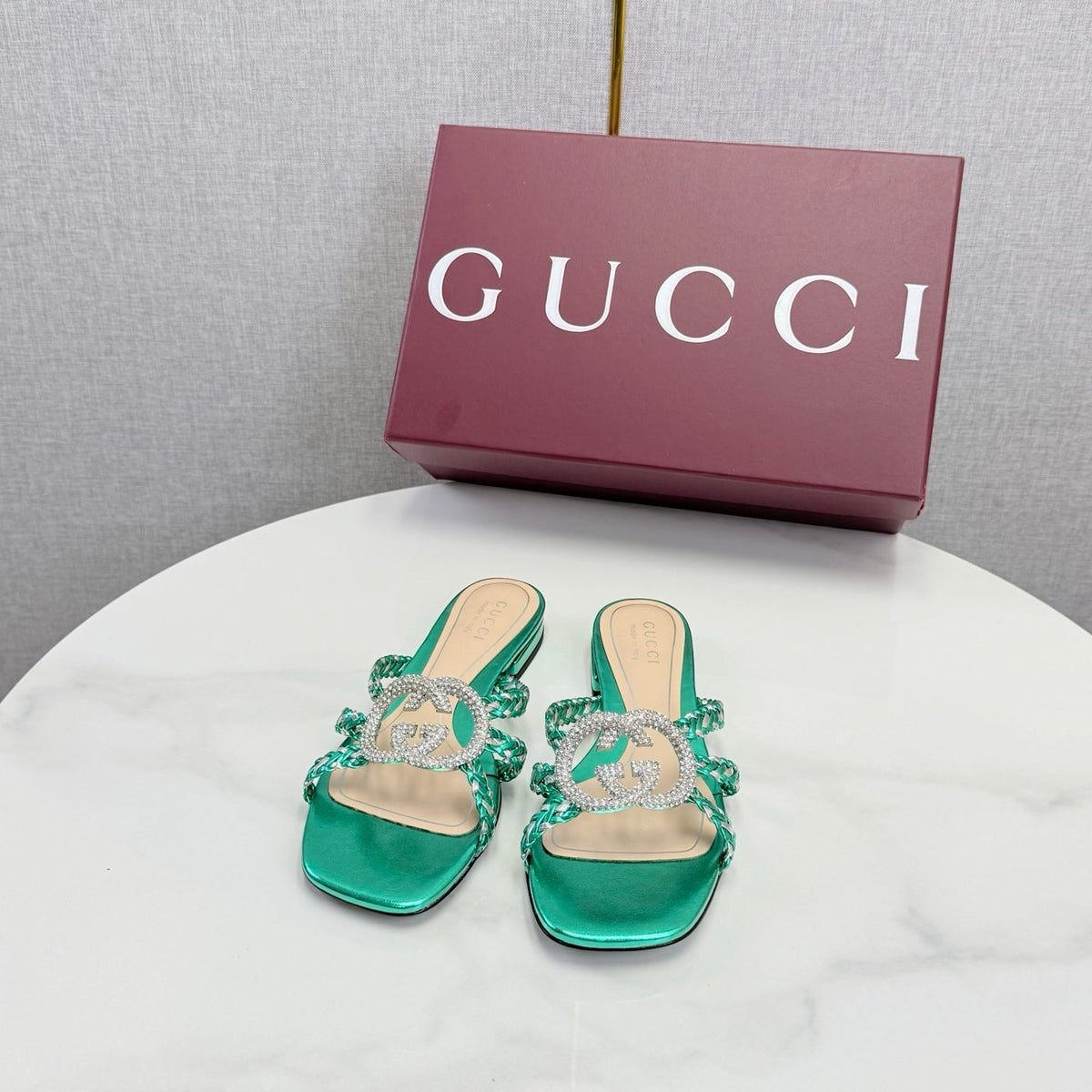 GG 26s Slippers With Crystal Interlocking G Teal Green Leather 639931