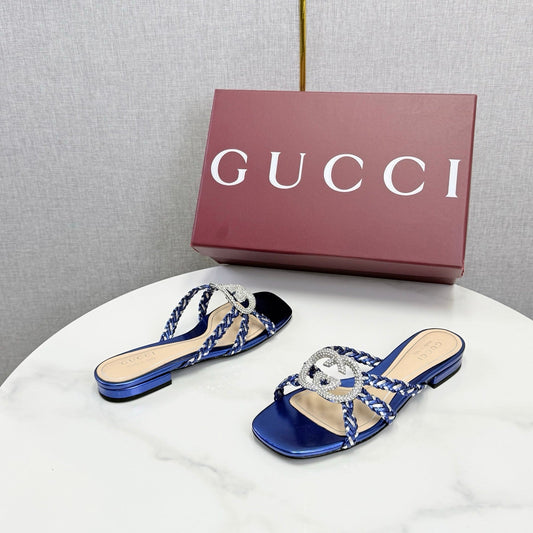 GG 26s Slippers With Crystal Interlocking G Dark Blue Leather 639932