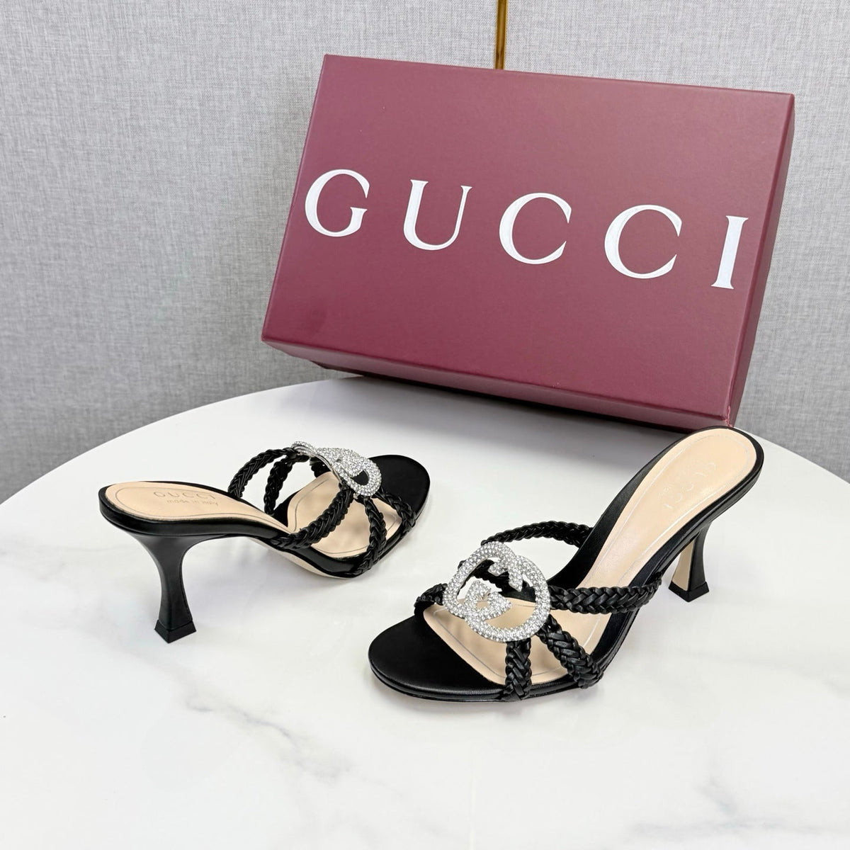 GG 26s Sandals 6.5cm With Crystal Interlocking G Black Leather 639948