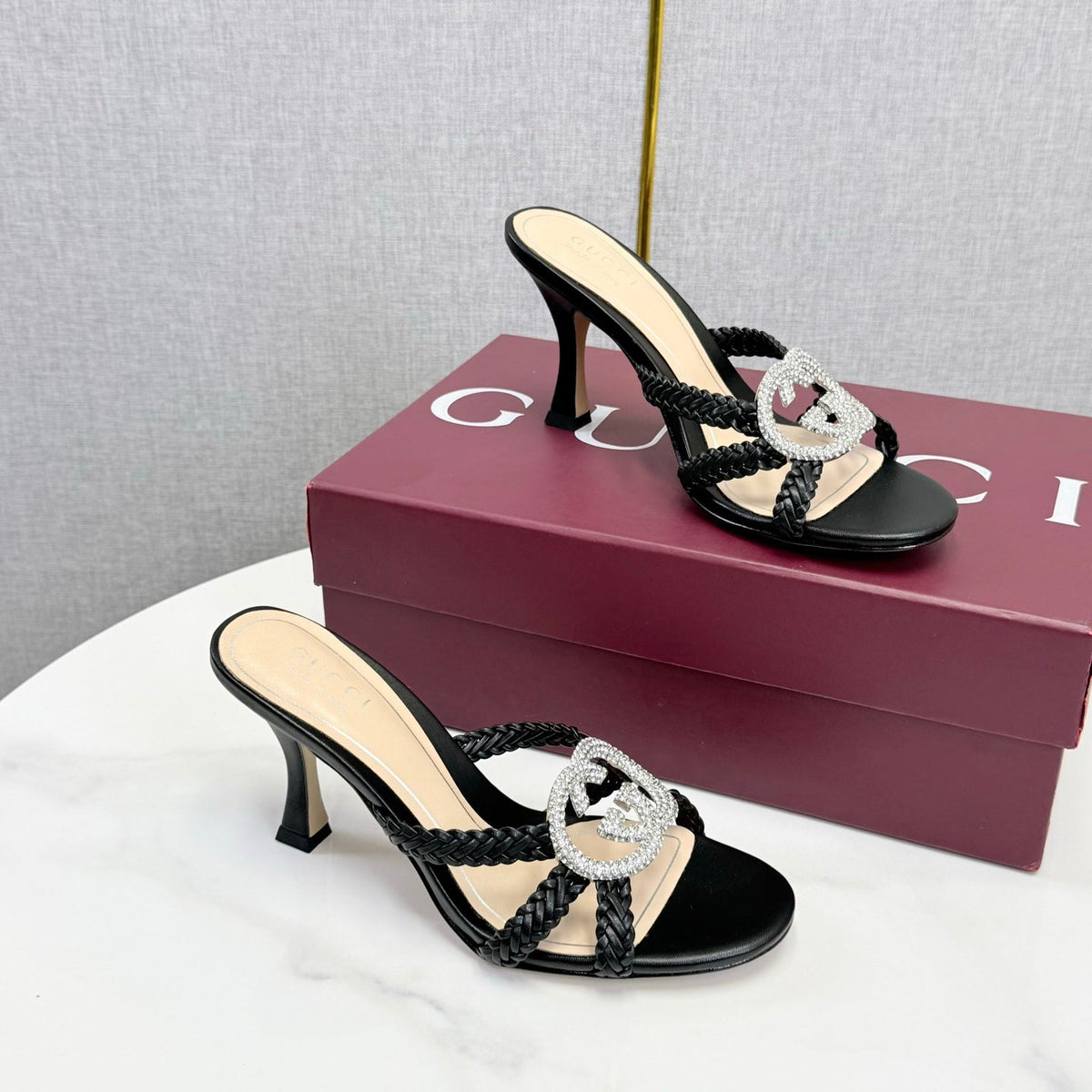 GG 26s Sandals 6.5cm With Crystal Interlocking G Black Leather 639948