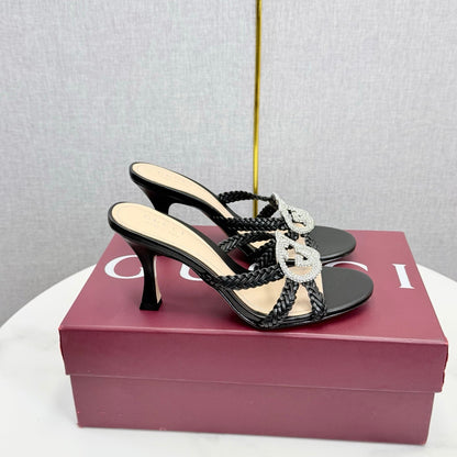 GG 26s Sandals 6.5cm With Crystal Interlocking G Black Leather 639948