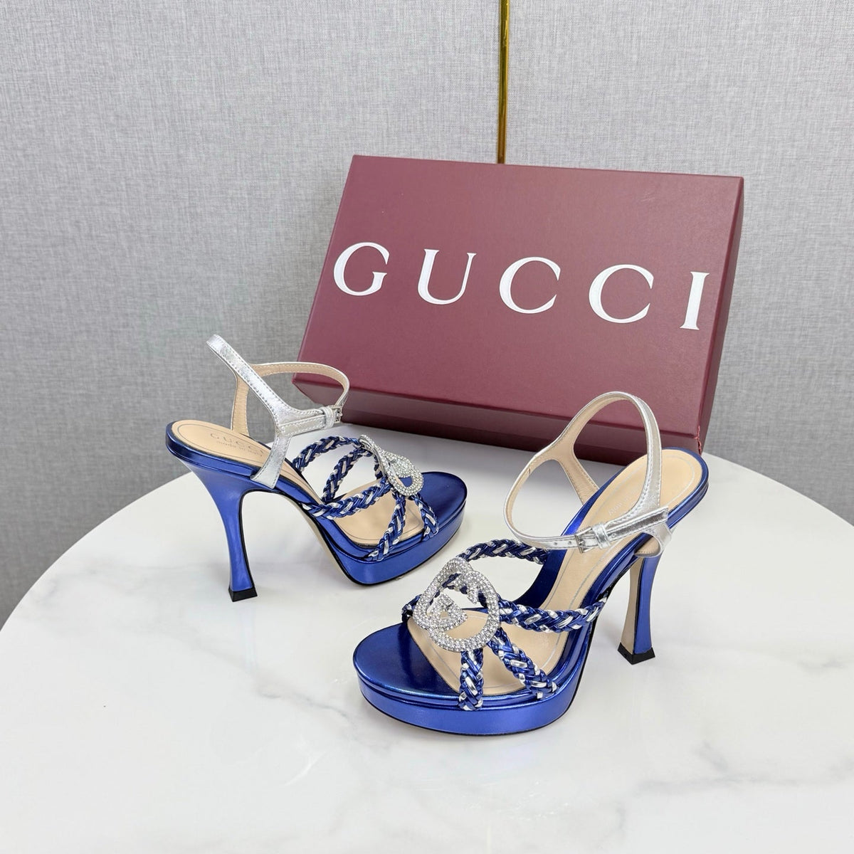 GG 26s Sandals 10.5cm With Crystal Interlocking G Dark Blue Leather 639952