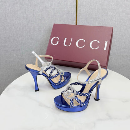 GG 26s Sandals 10.5cm With Crystal Interlocking G Dark Blue Leather 639952
