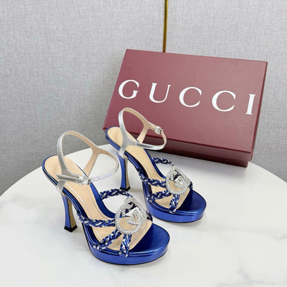 GG 26s Sandals 10.5cm With Crystal Interlocking G Dark Blue Leather 639952