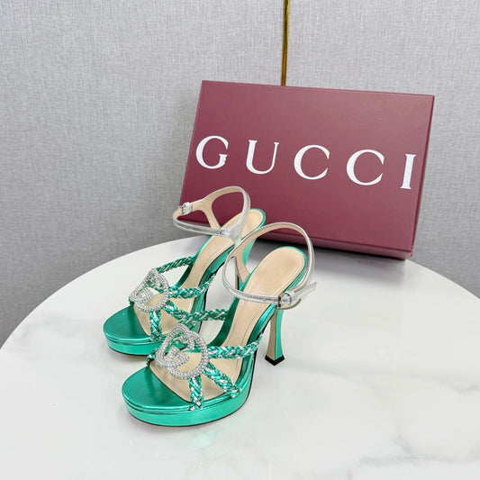 GG 26s Sandals 10.5cm With Crystal Interlocking G Teal Green Leather 639954