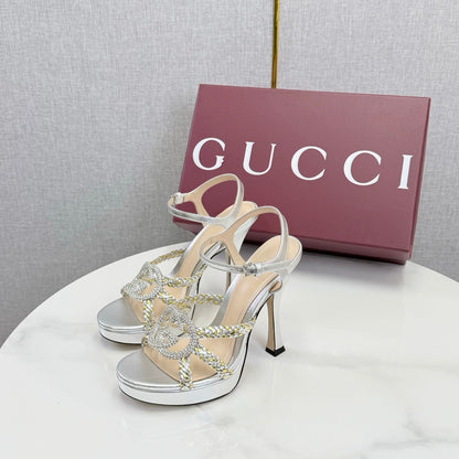 GG 26s Sandals 10.5cm With Crystal Interlocking G Sliver Leather 639955